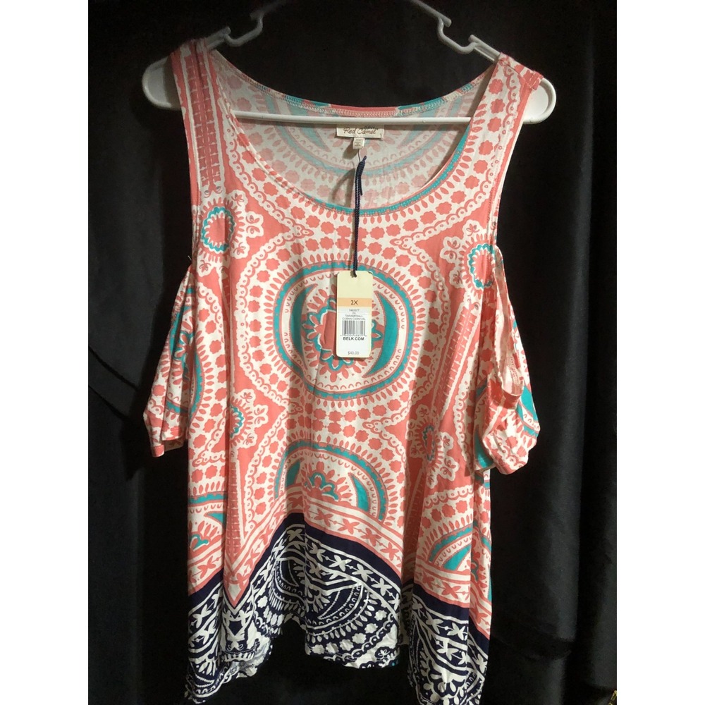 Red Camel Cold Shoulder Top 2X NWT Pink Turquoise Paisley Boho Festival Blouse